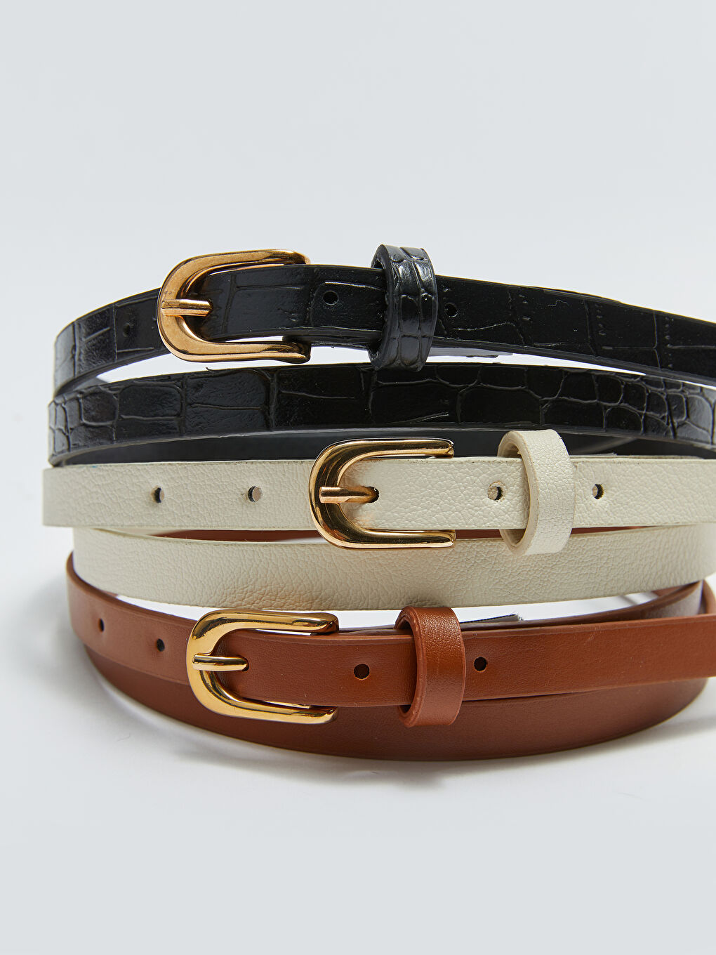 Kahverengi Deri Görünümlü Kadın İnce Kemer 3'lü-1