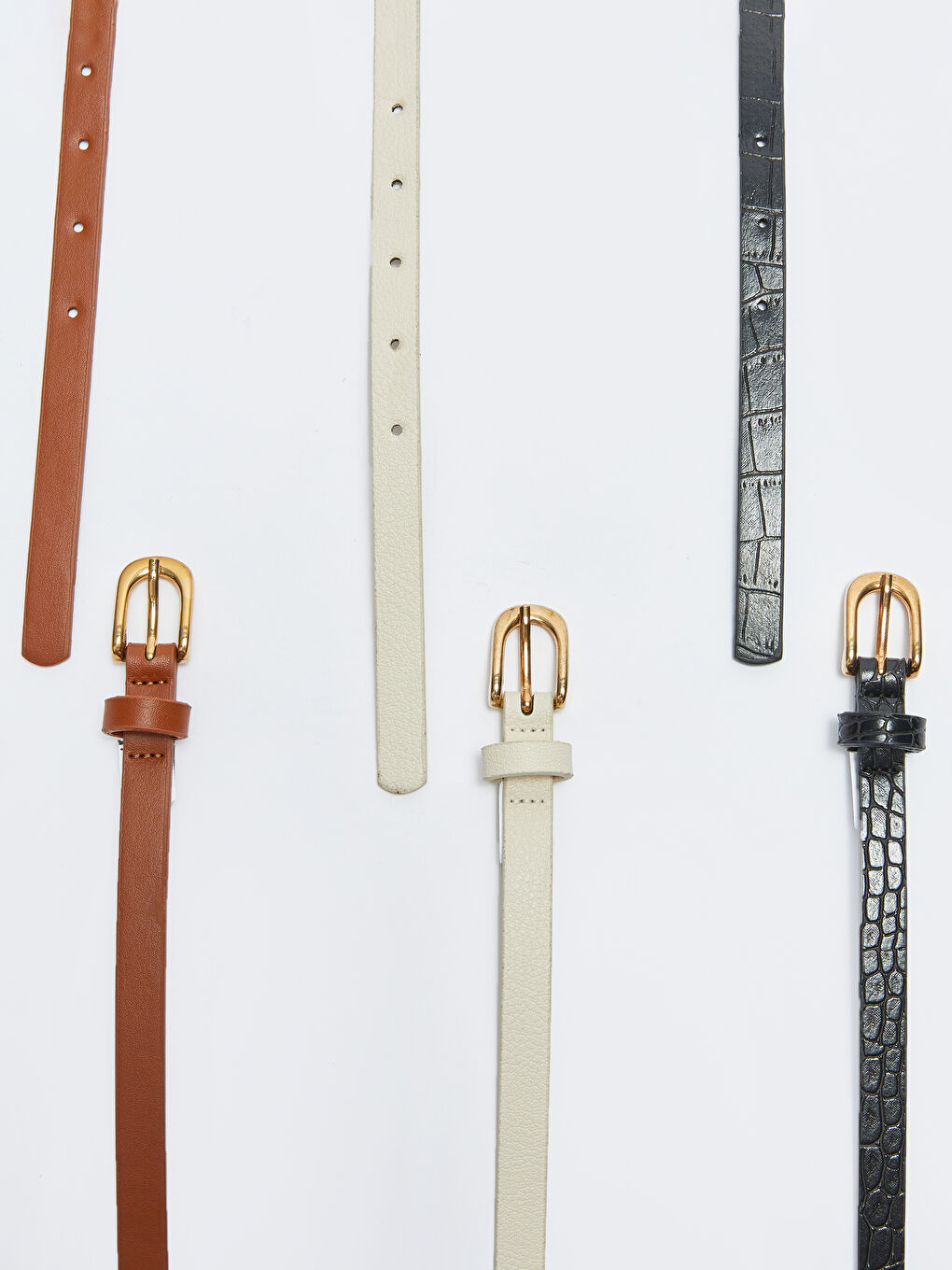 Kahverengi Deri Görünümlü Kadın İnce Kemer 3'lü-2