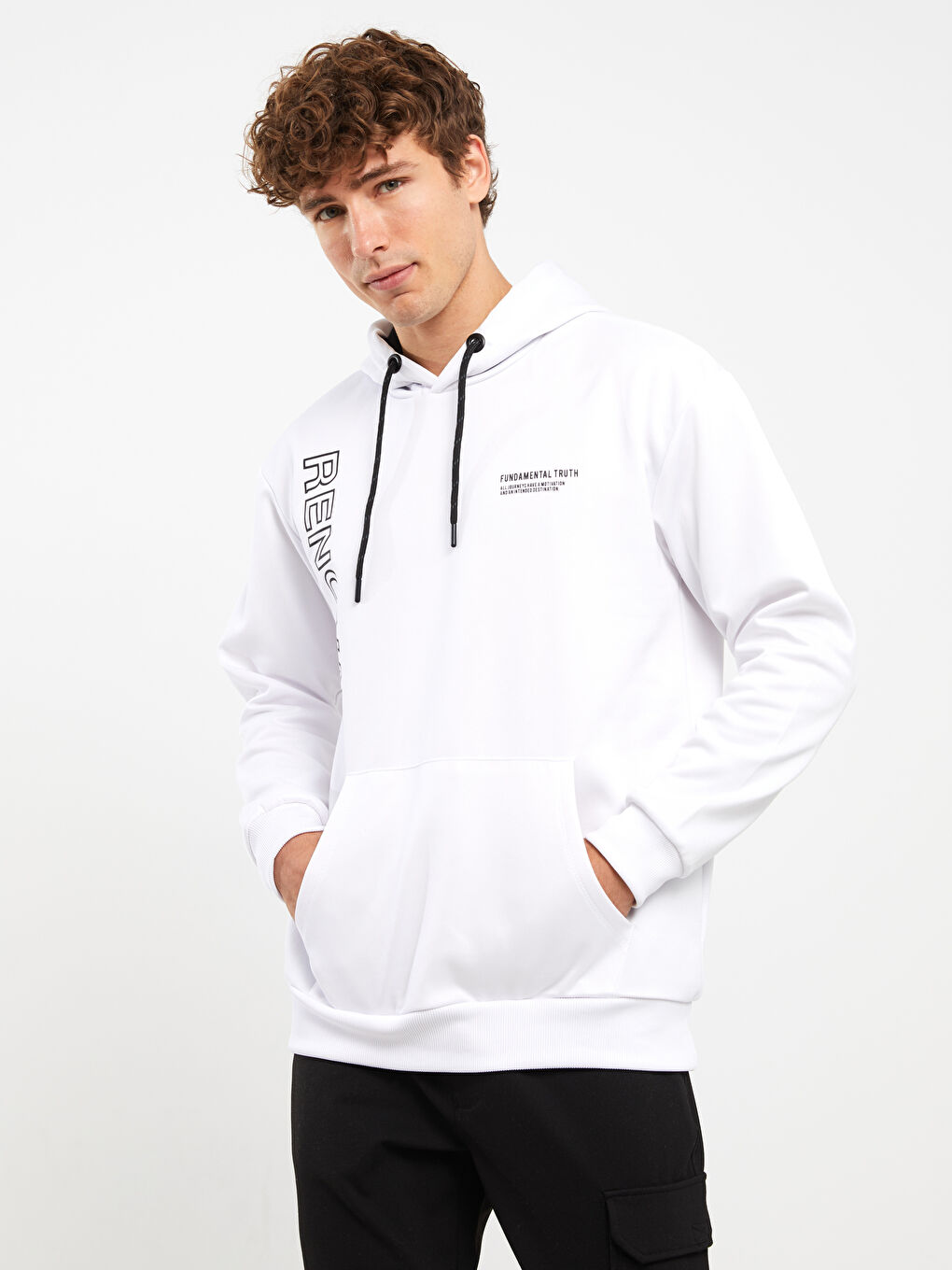 Beyaz Uzun Kollu Erkek Spor Hoodie