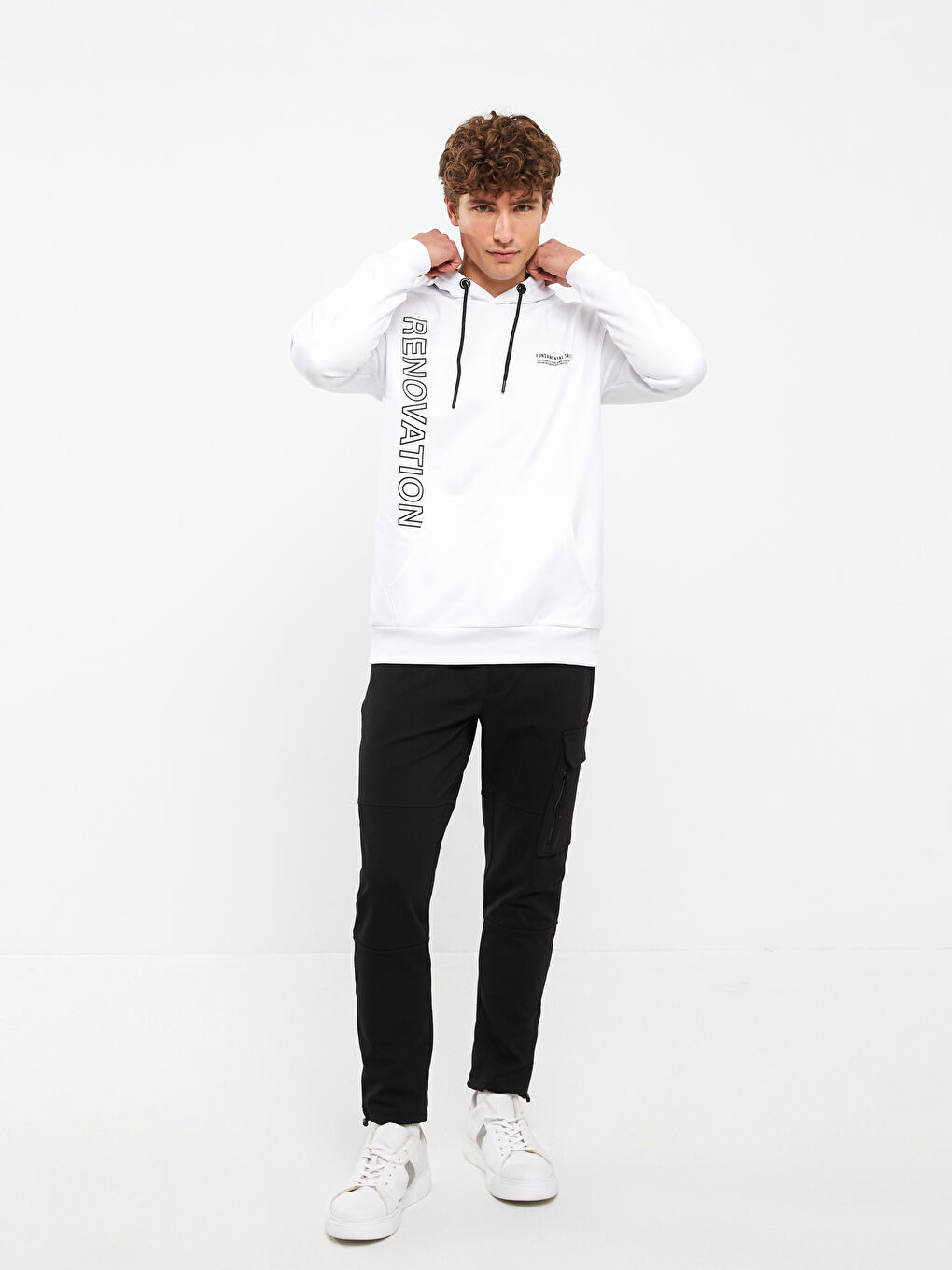 Beyaz Uzun Kollu Erkek Spor Hoodie-1