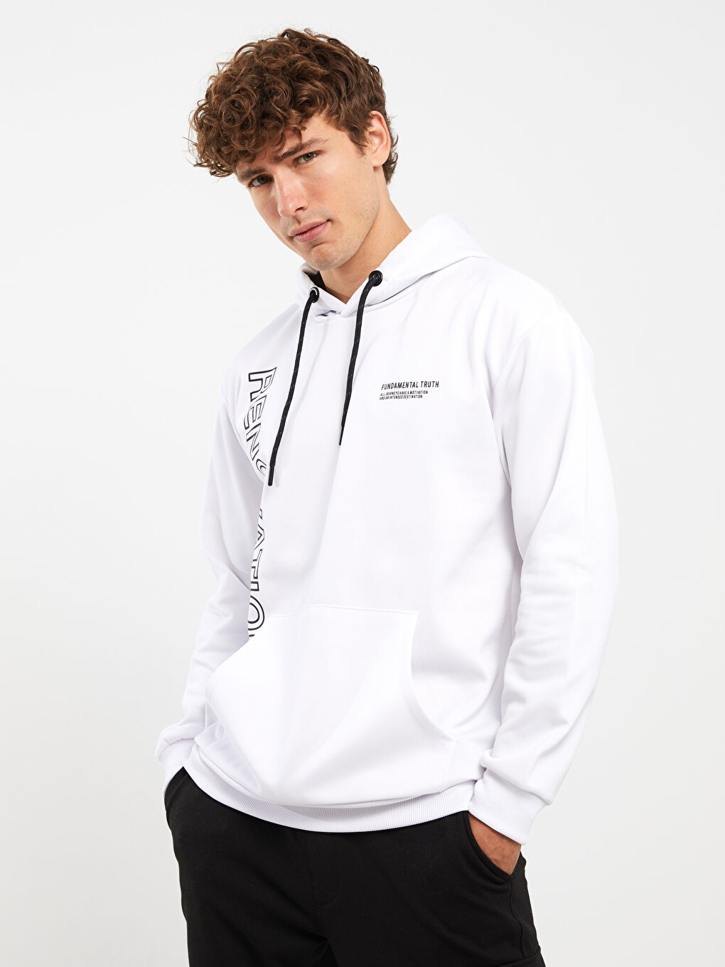 Beyaz Uzun Kollu Erkek Spor Hoodie-2