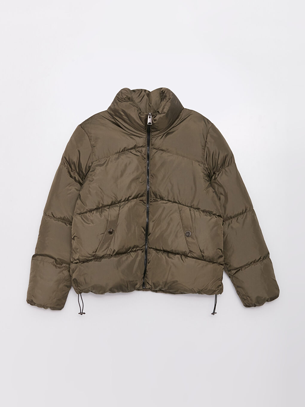 Haki Dik Yaka Düz Uzun Kollu Kadın Şişme Mont