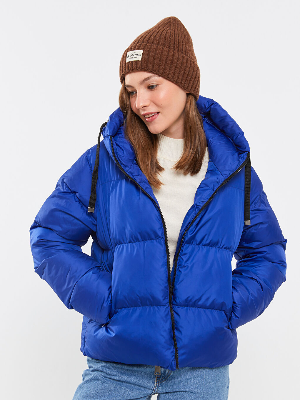 Mavi Kadın Kapüşonlu Düz Şişme Mont-2