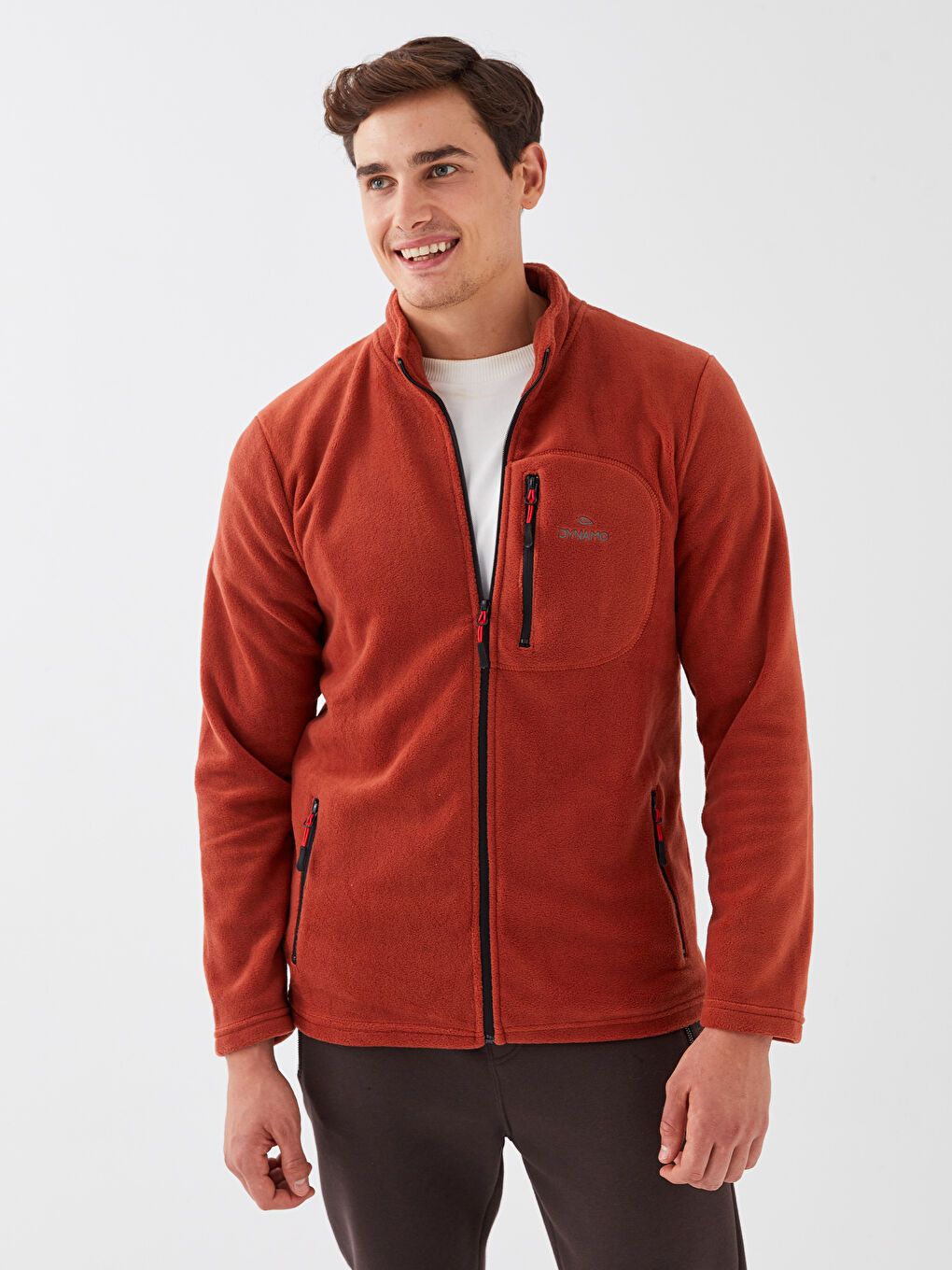 Kırmızı Dik Yaka Uzun Kollu Erkek Polar Sweatshirt