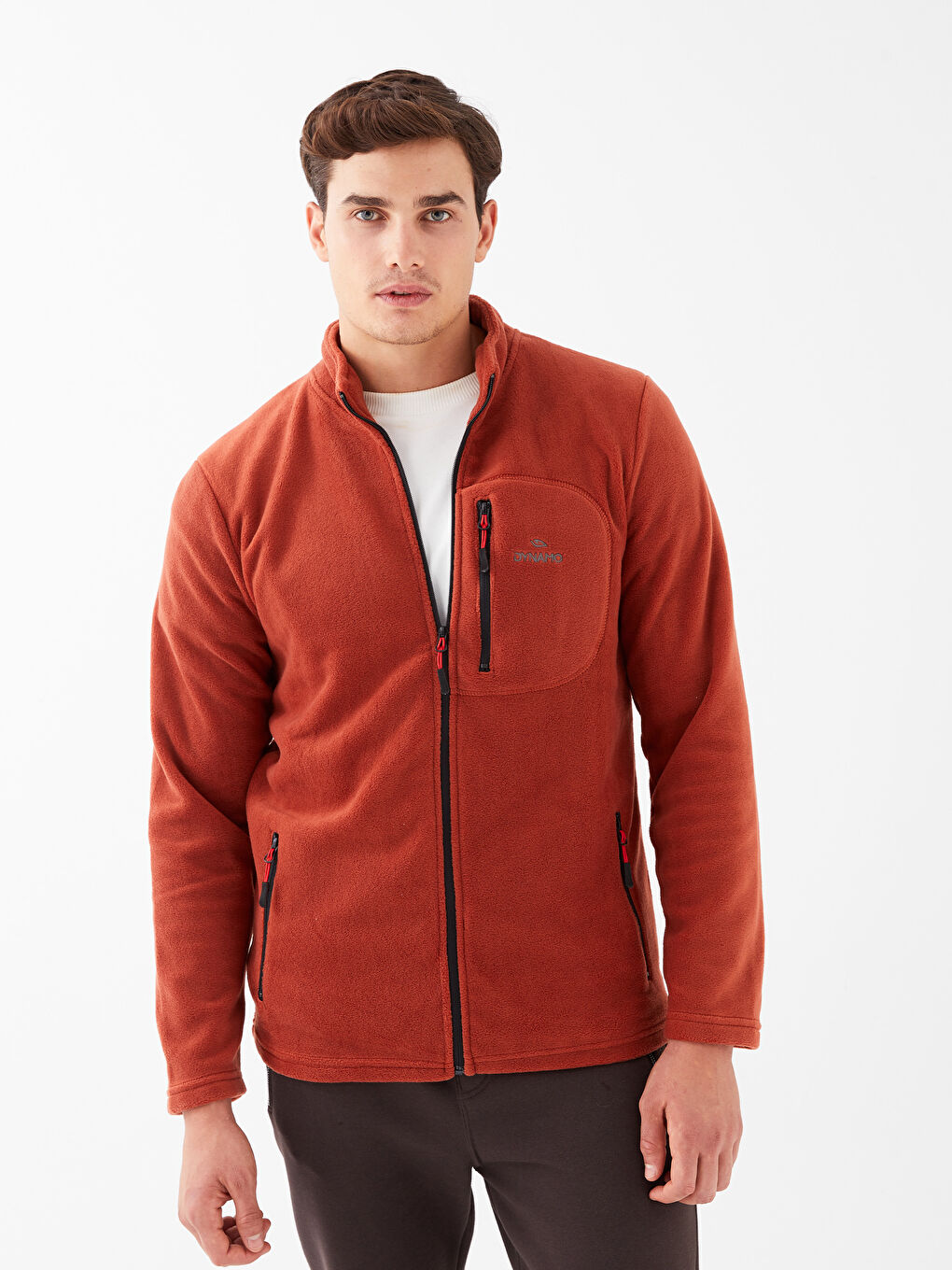 Kırmızı Dik Yaka Uzun Kollu Erkek Polar Sweatshirt-1