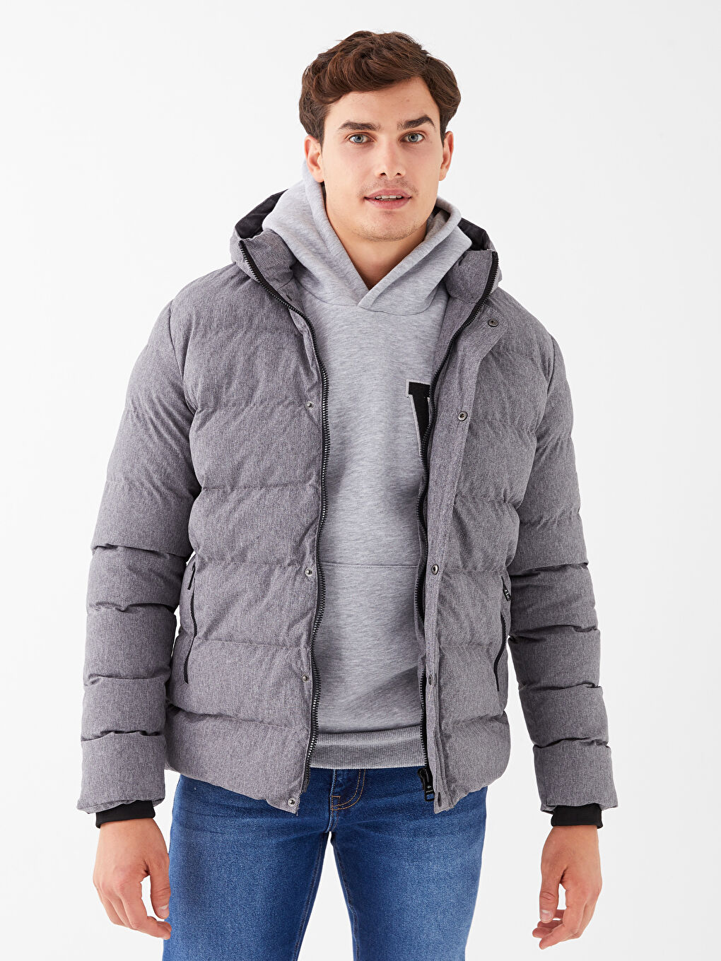 Gri Slim Fit Kapüşonlu Erkek Şişme Mont-1