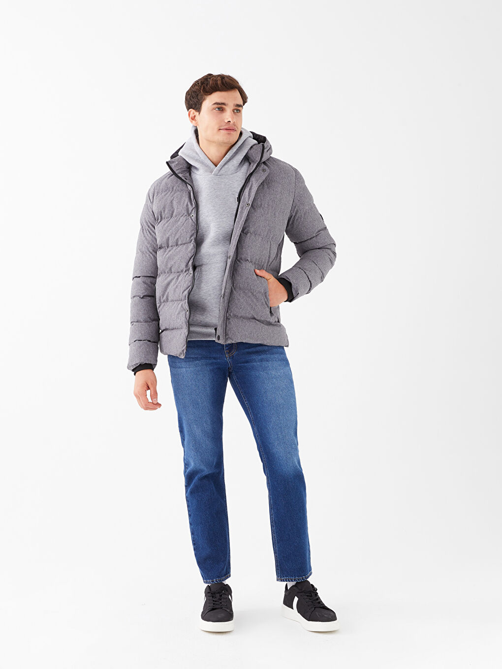 Gri Slim Fit Kapüşonlu Erkek Şişme Mont-2