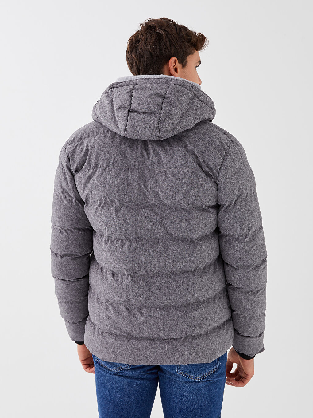 Gri Slim Fit Kapüşonlu Erkek Şişme Mont-5