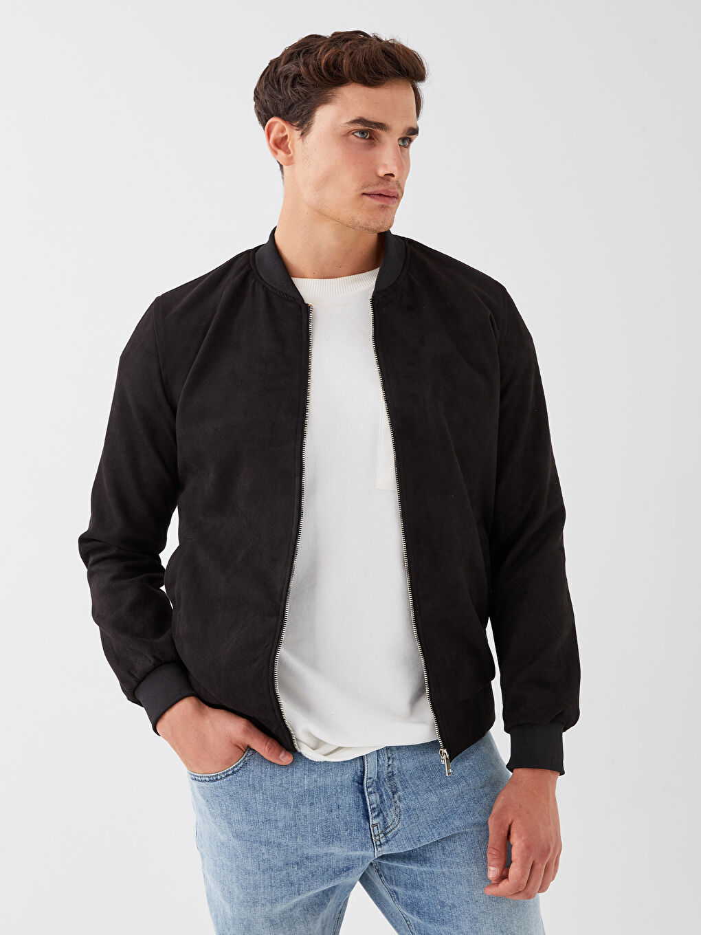 Siyah Standart Kalıp Kolej Yaka Süet Erkek Mont-1