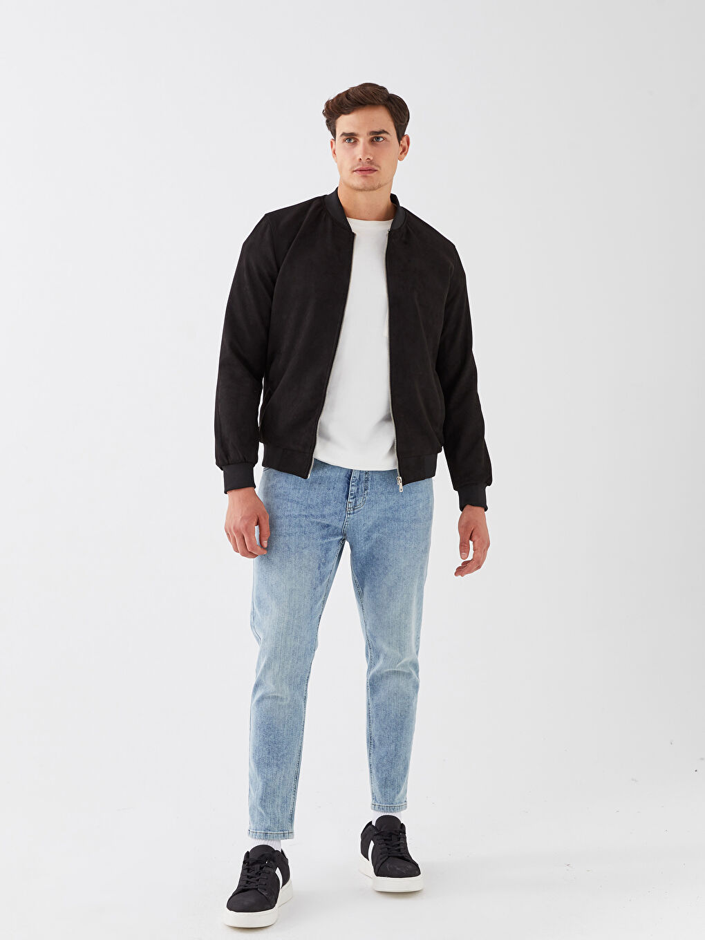 Siyah Standart Kalıp Kolej Yaka Süet Erkek Mont-2