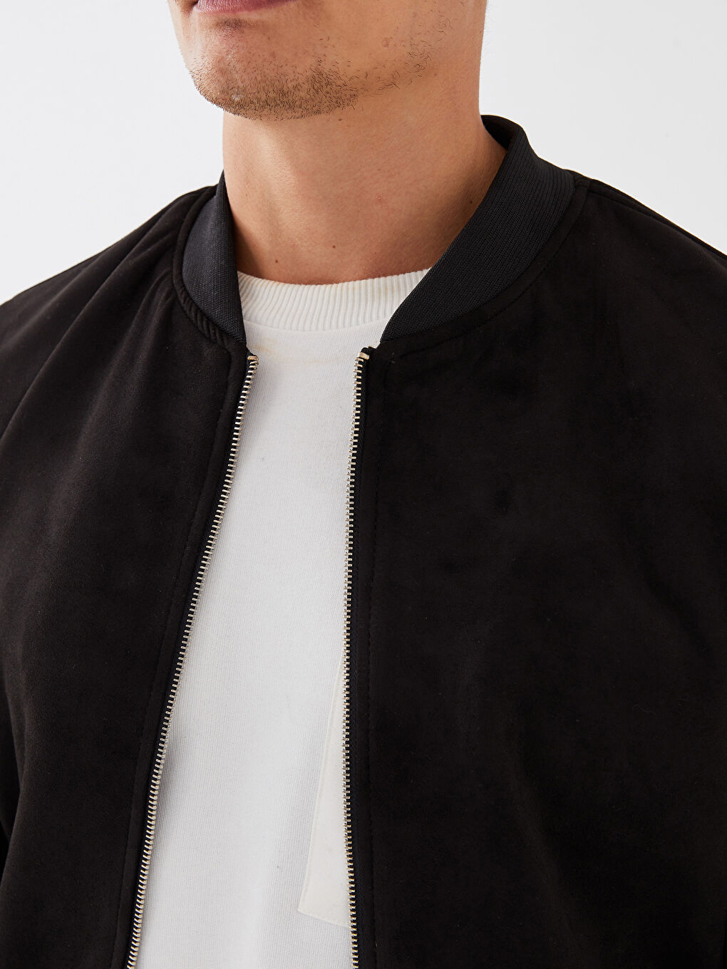 Siyah Standart Kalıp Kolej Yaka Süet Erkek Mont-4