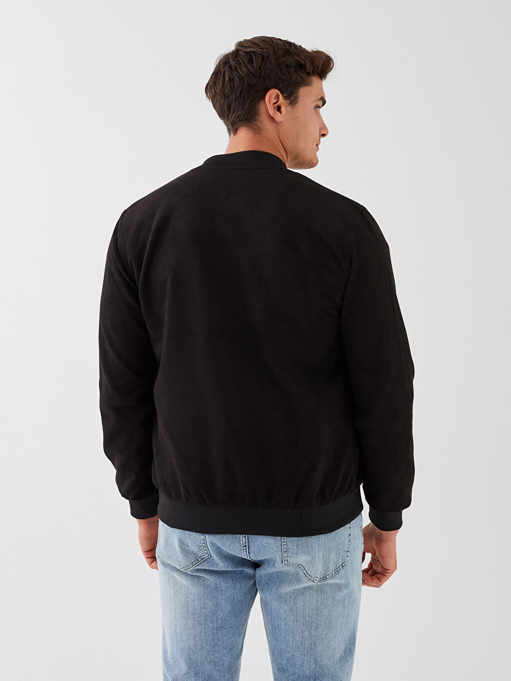 Siyah Standart Kalıp Kolej Yaka Süet Erkek Mont-5