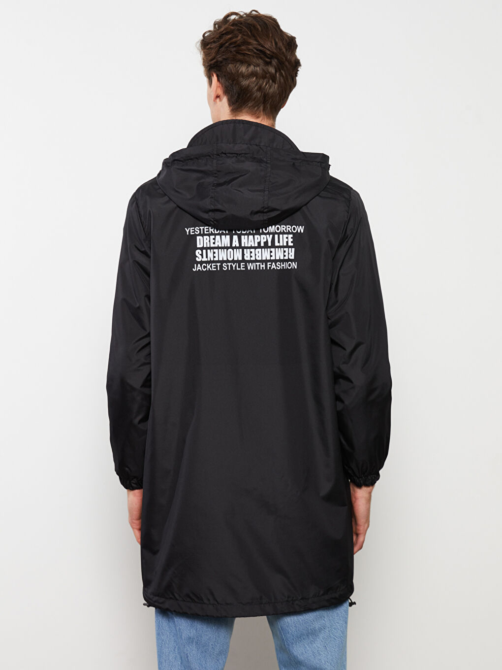 Siyah Standart Kalıp Kapüşonlu Erkek Yağmurluk-5