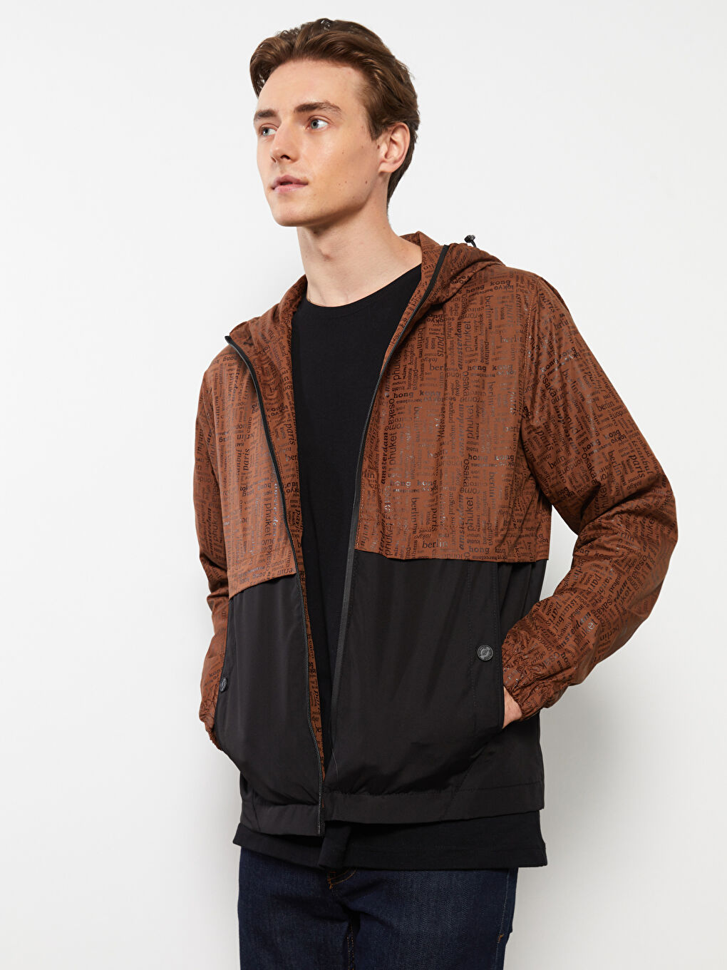 Kahverengi Standart Kalıp Kapüşonlu Renk Bloklu Erkek Yağmurluk