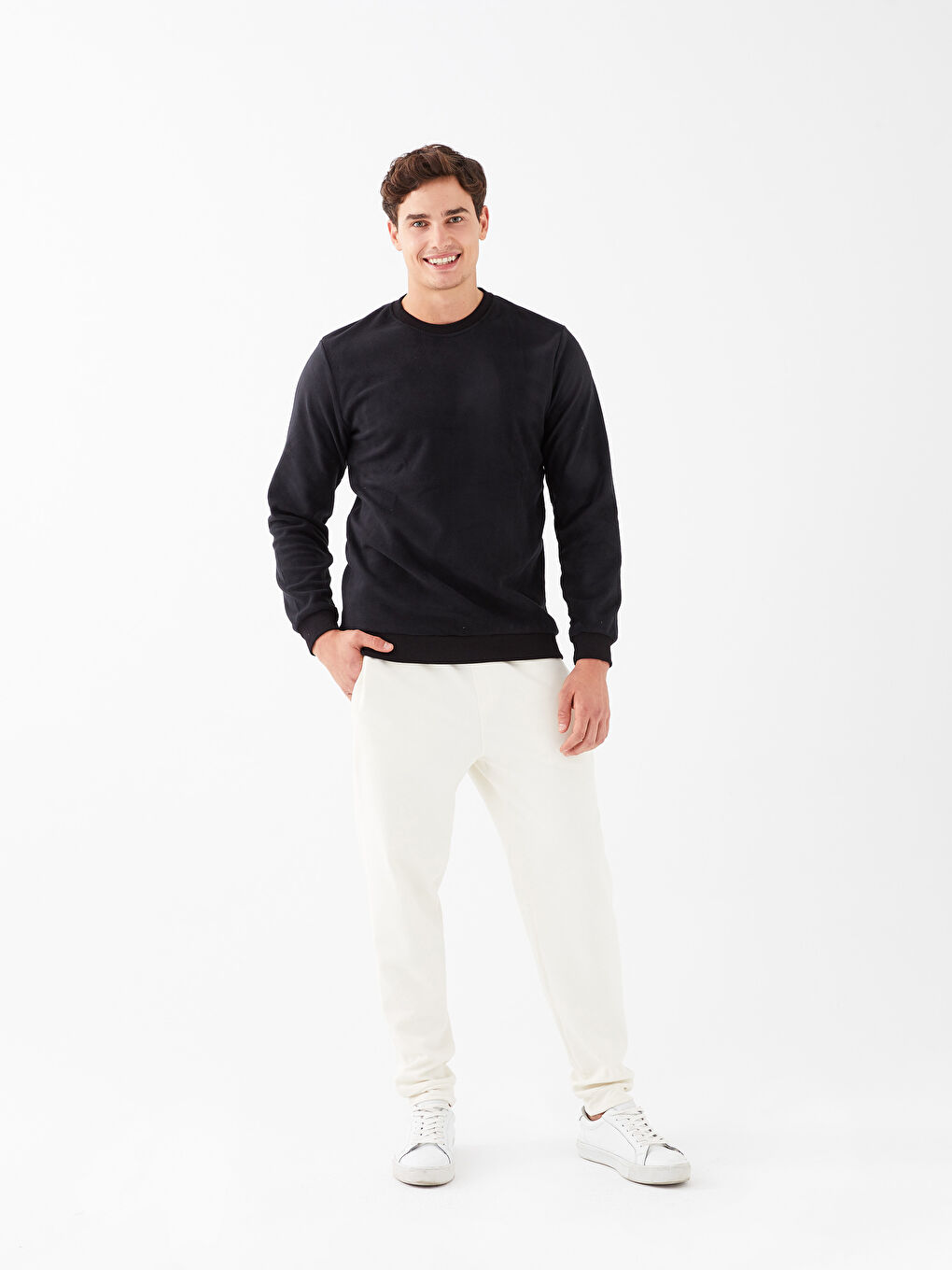 Siyah Bisiklet Yaka Uzun Kollu Polar Erkek Sweatshirt-2