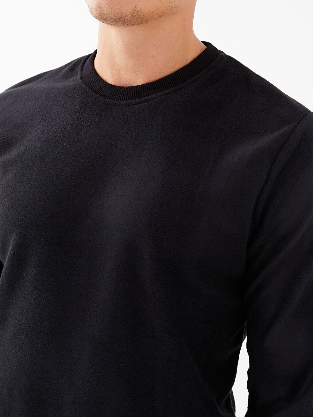 Siyah Bisiklet Yaka Uzun Kollu Polar Erkek Sweatshirt-3