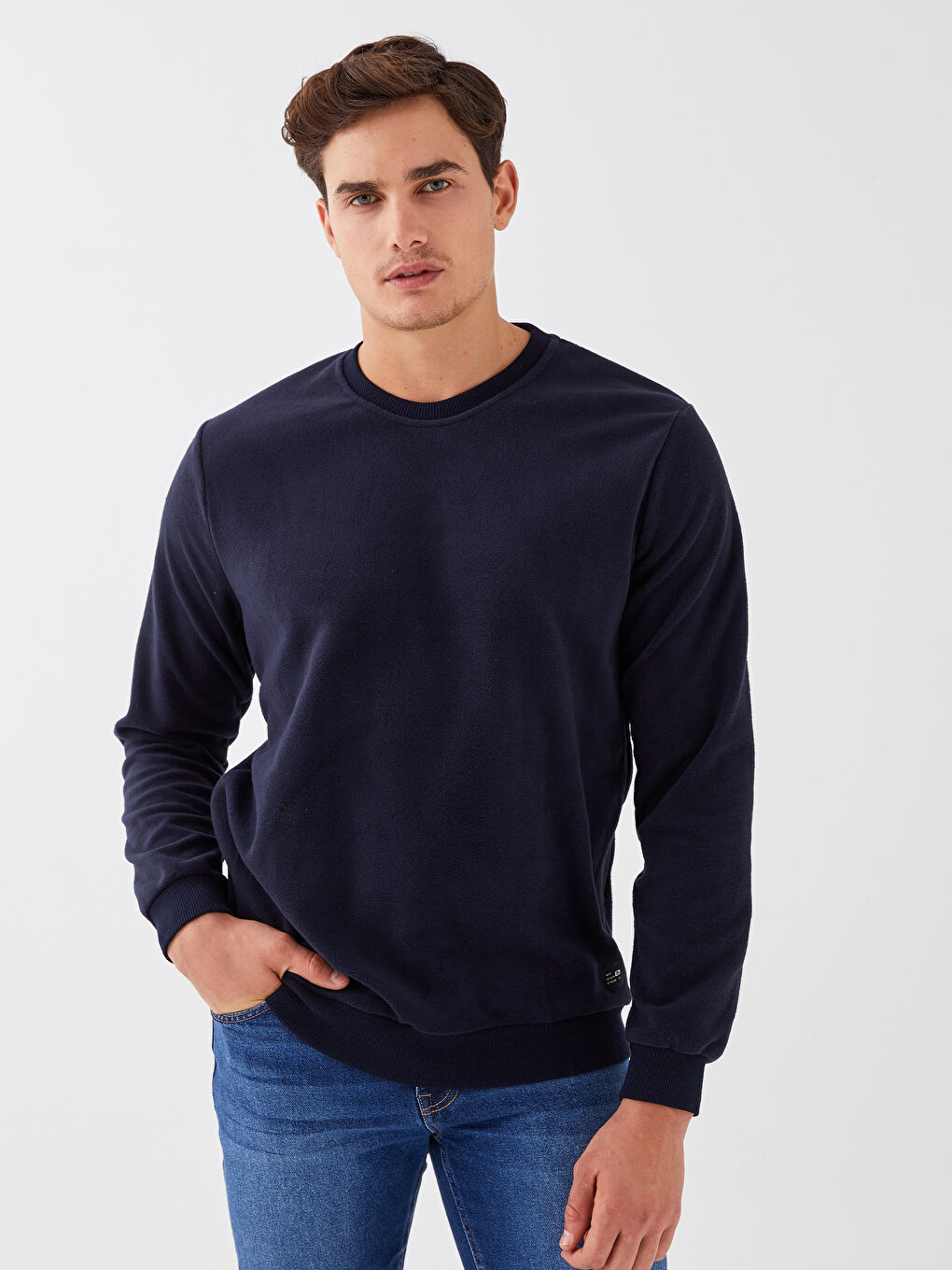 Lacivert Bisiklet Yaka Uzun Kollu Polar Erkek Sweatshirt-1