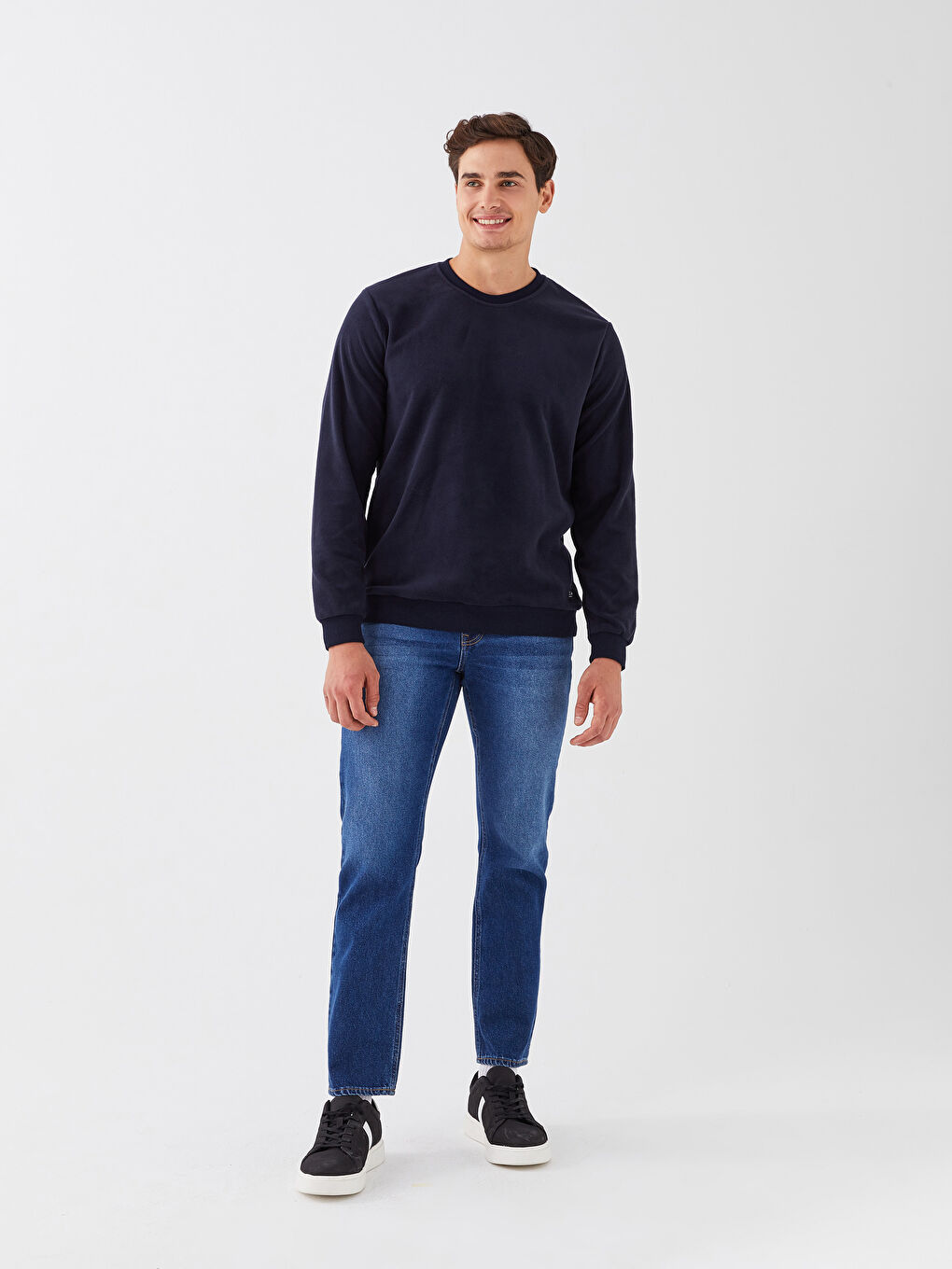 Lacivert Bisiklet Yaka Uzun Kollu Polar Erkek Sweatshirt-3