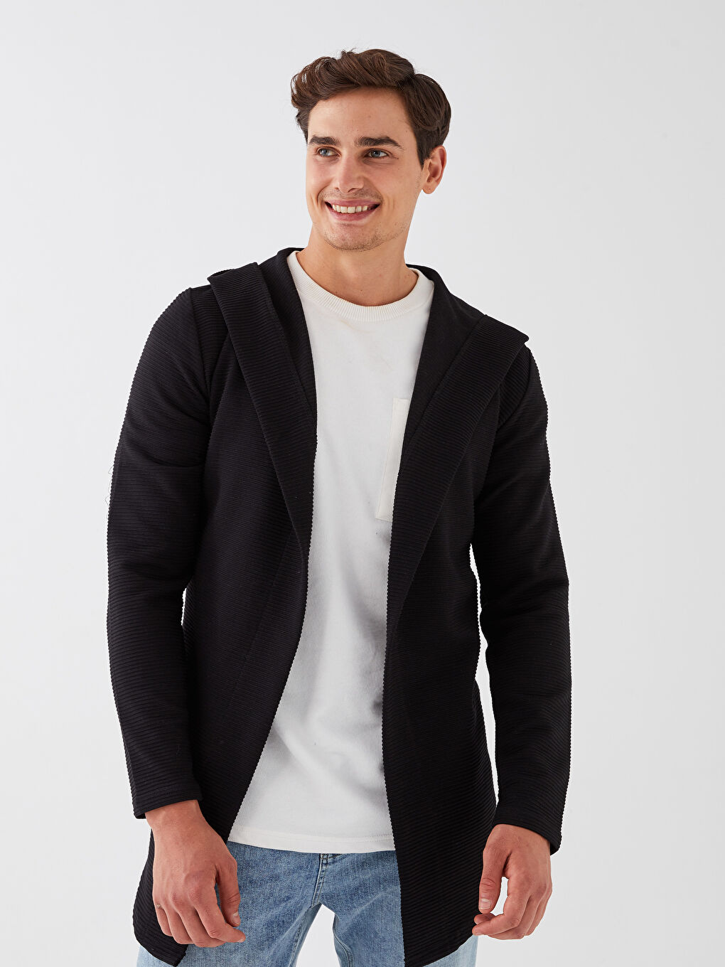 Siyah Standart Kalıp Kapüşonlu Erkek Hırka