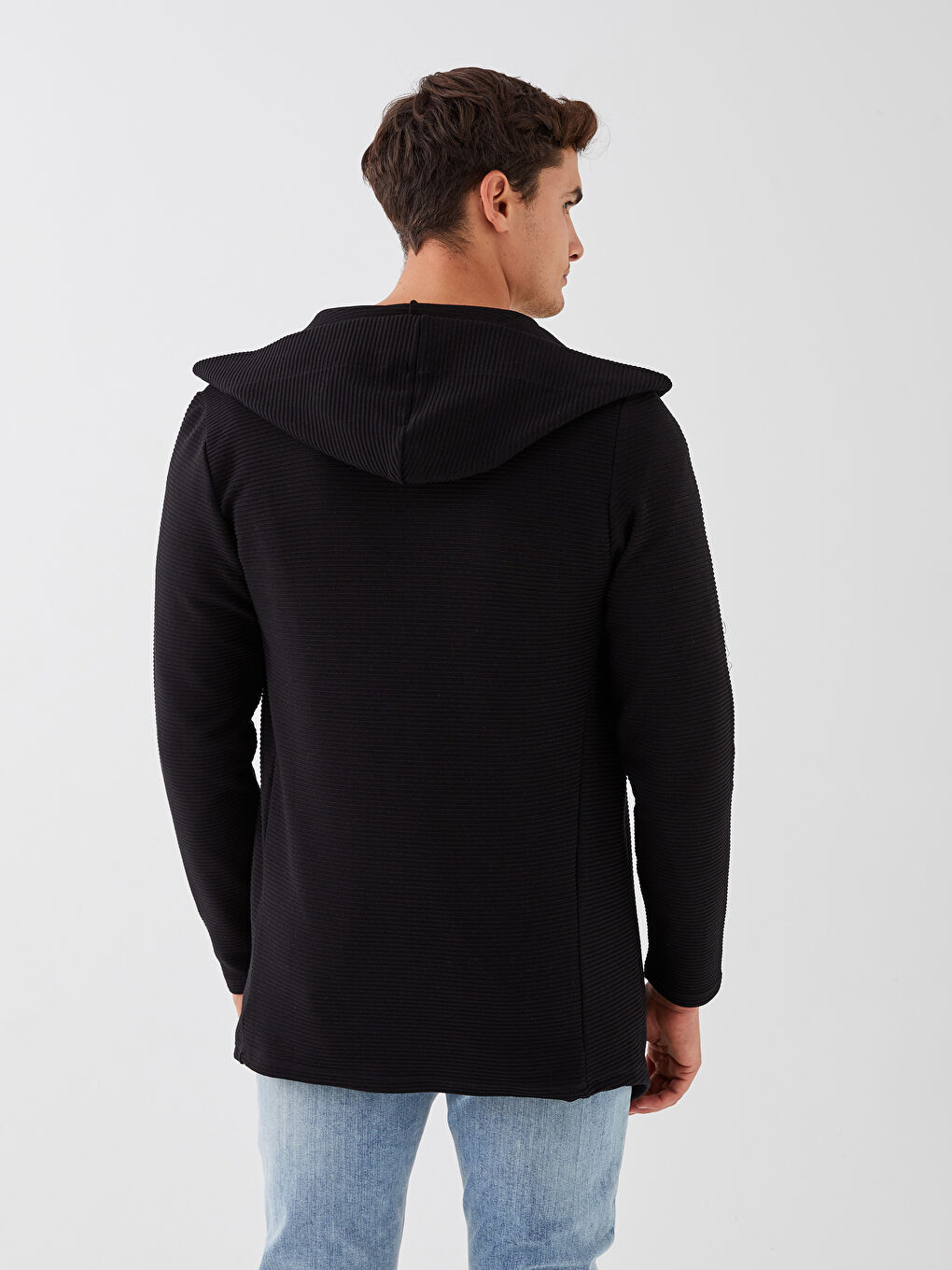 Siyah Standart Kalıp Kapüşonlu Erkek Hırka-4