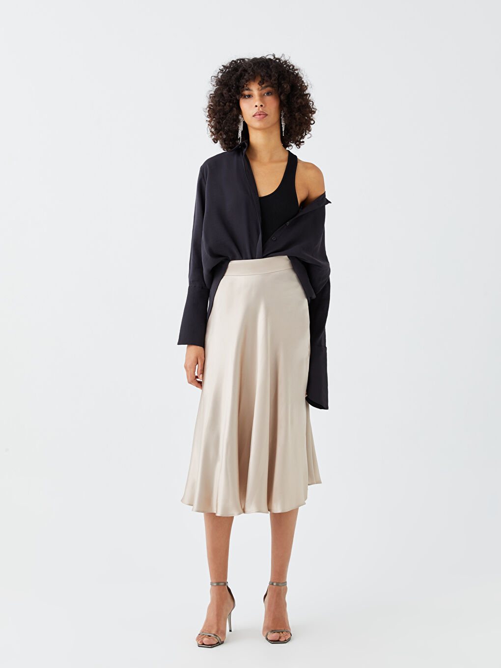 Waist Zippered Regular A-Cut Satin Women's Skirt-1