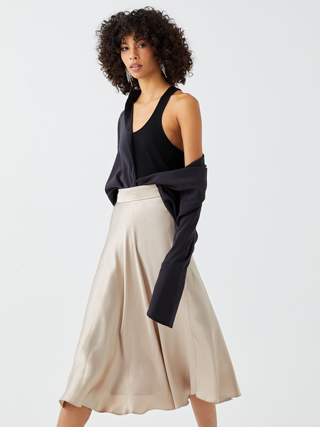 Waist Zippered Regular A-Cut Satin Women's Skirt-2