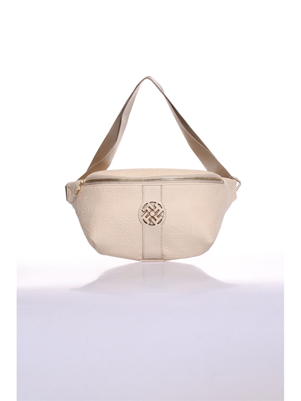 Bej Deri Görünümlü Desenli Kadın Bel Çantası