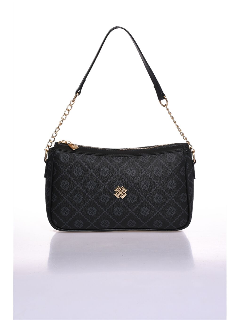 Siyah Deri Görünümlü Desenli Kadın Omuz Çantası