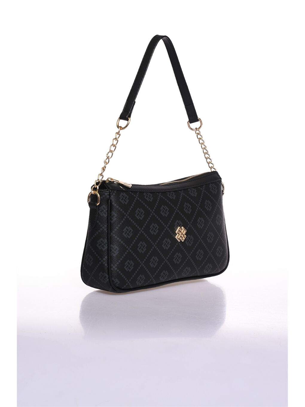 Siyah Deri Görünümlü Desenli Kadın Omuz Çantası-1