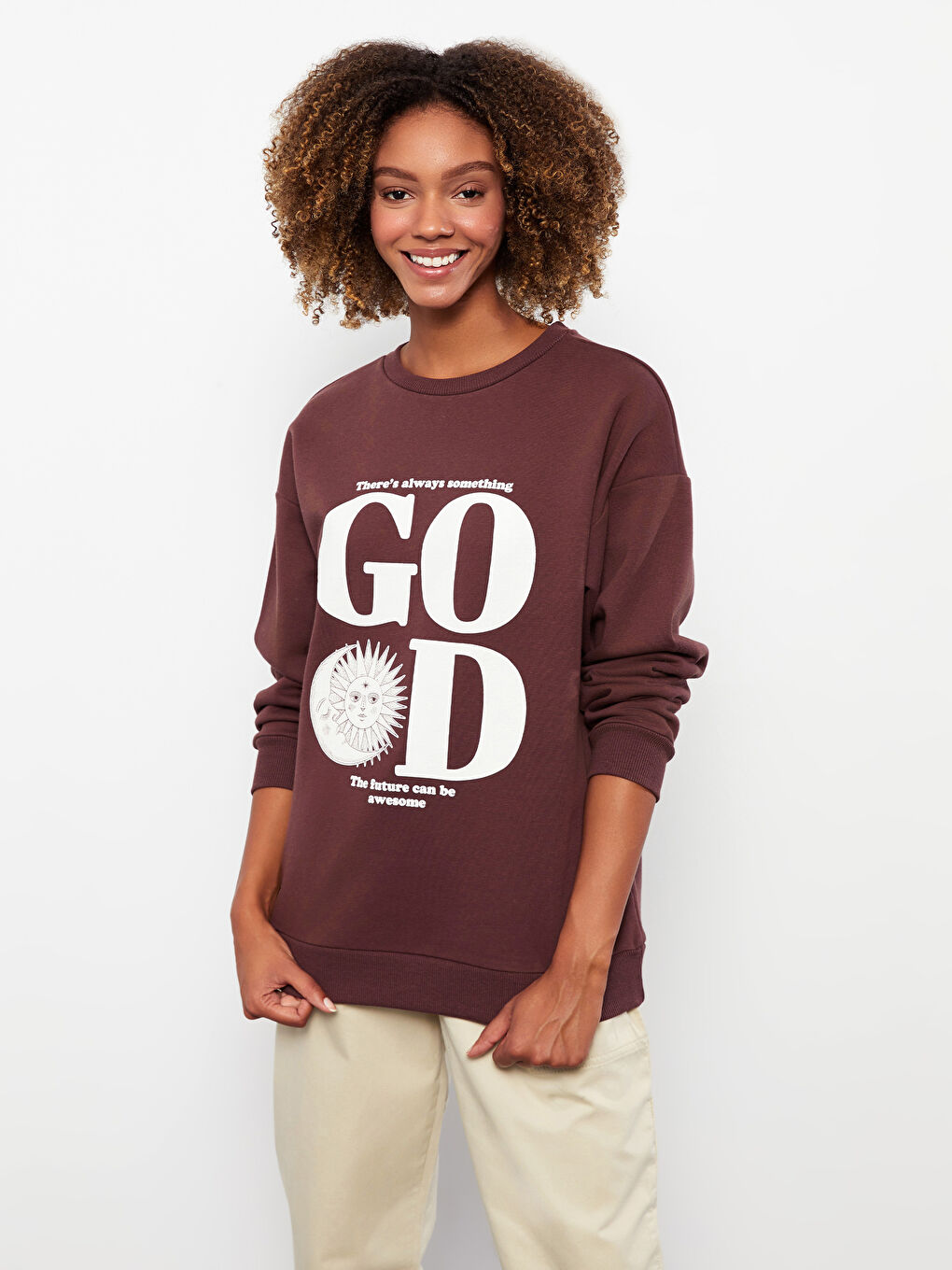 Kahverengi Bisiklet Yaka Baskılı Kadın Kalın Sweatshirt