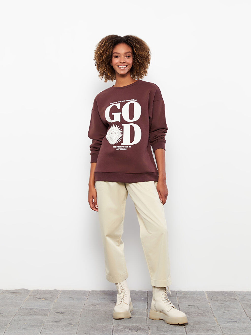 Kahverengi Bisiklet Yaka Baskılı Kadın Kalın Sweatshirt-2