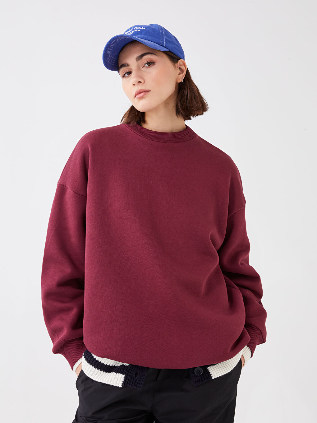 LCW Vision Bordo Bisiklet Yaka Düz Kadın Kalın Sweatshirt