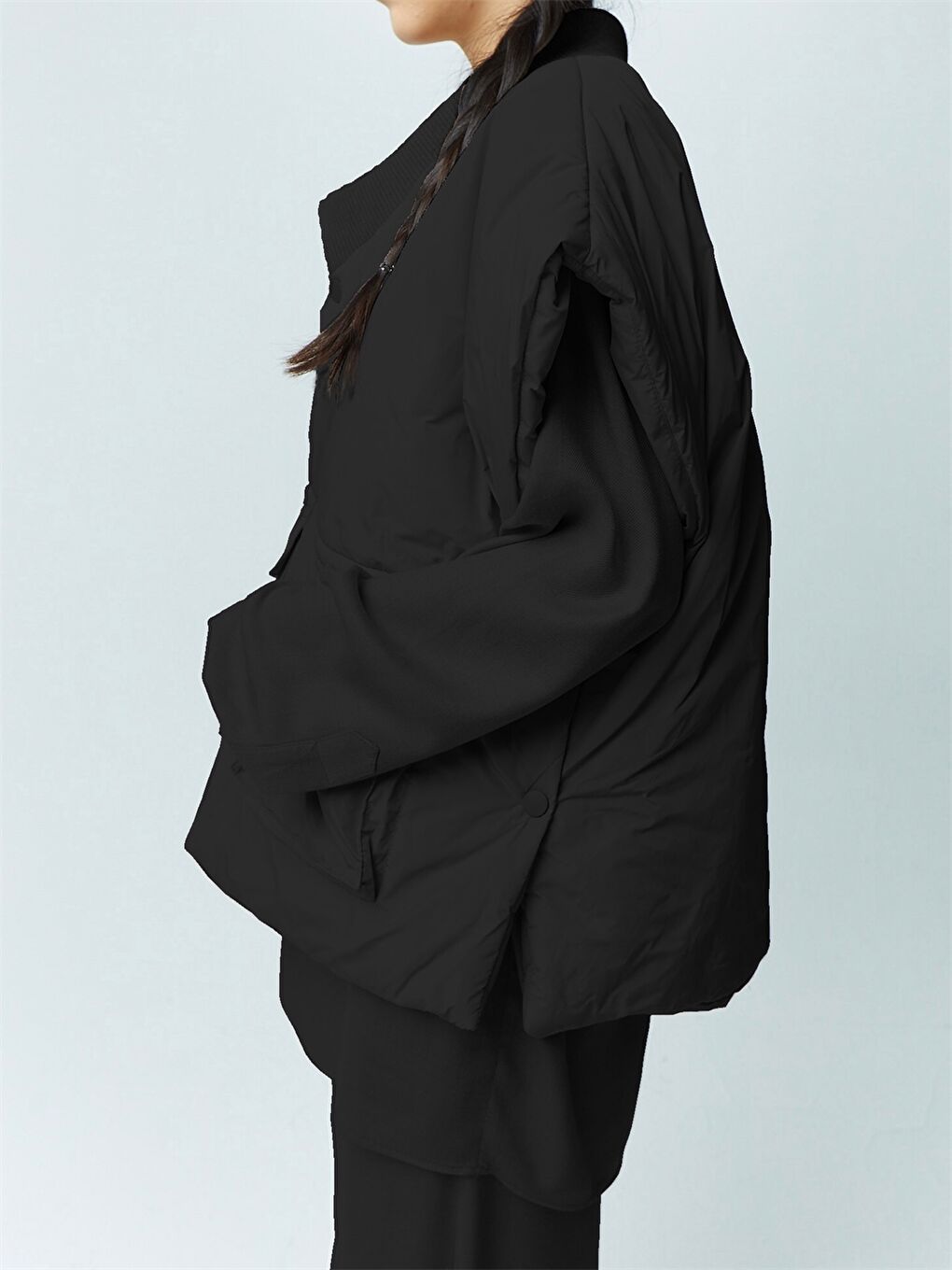 Siyah Kadın Dik Yaka Düz Panço-7