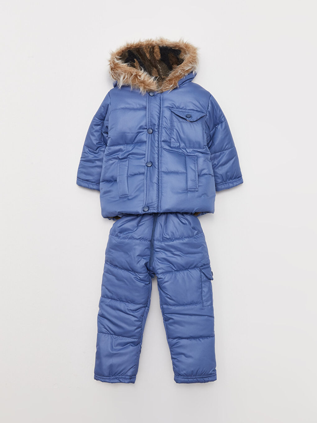 İndigo Kapüşonlu Uzun Kollu Erkek Bebek Şişme Mont ve Salopet Takım