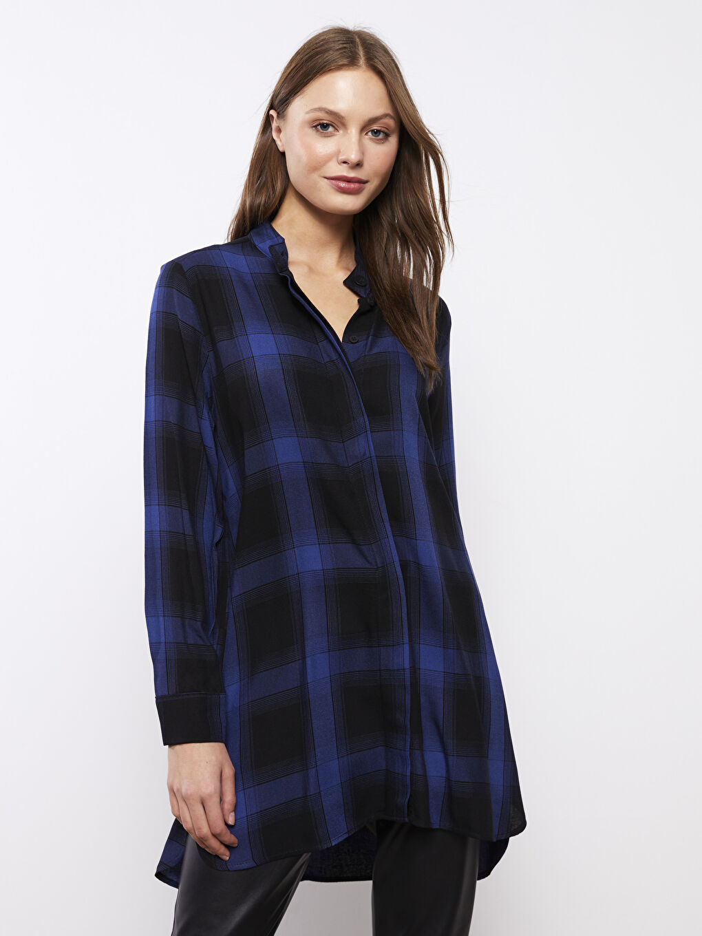 Siyah Hakim Yaka Ekose Uzun Kollu Kadın Tunik