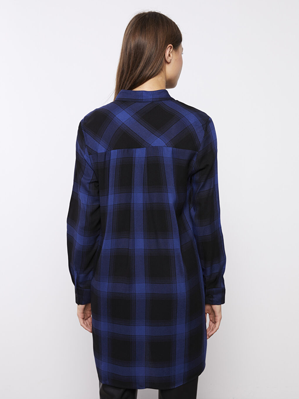 Siyah Hakim Yaka Ekose Uzun Kollu Kadın Tunik-3