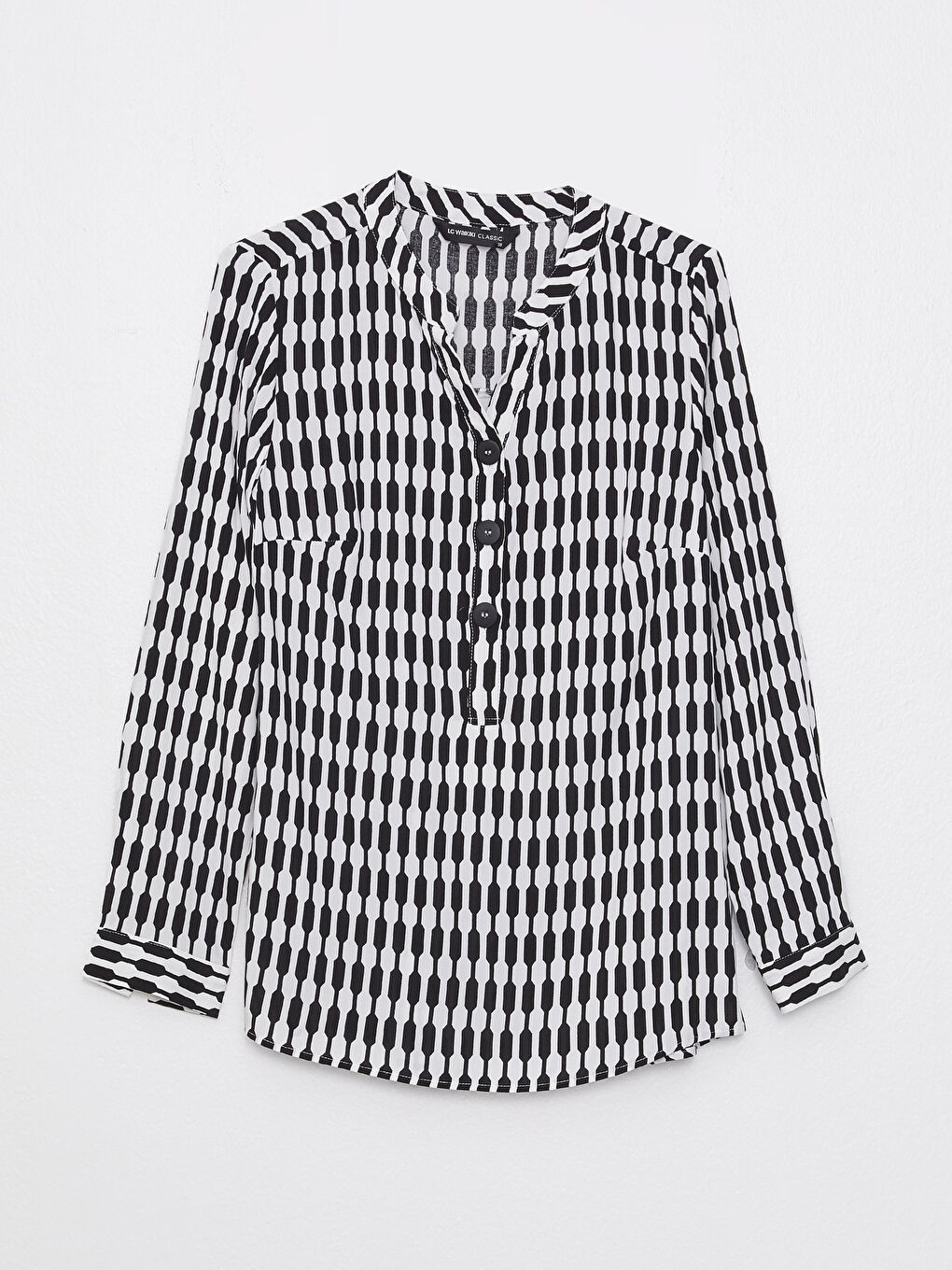 Bej Kaçık Yaka Desenli Uzun Kollu Kadın Bluz-5