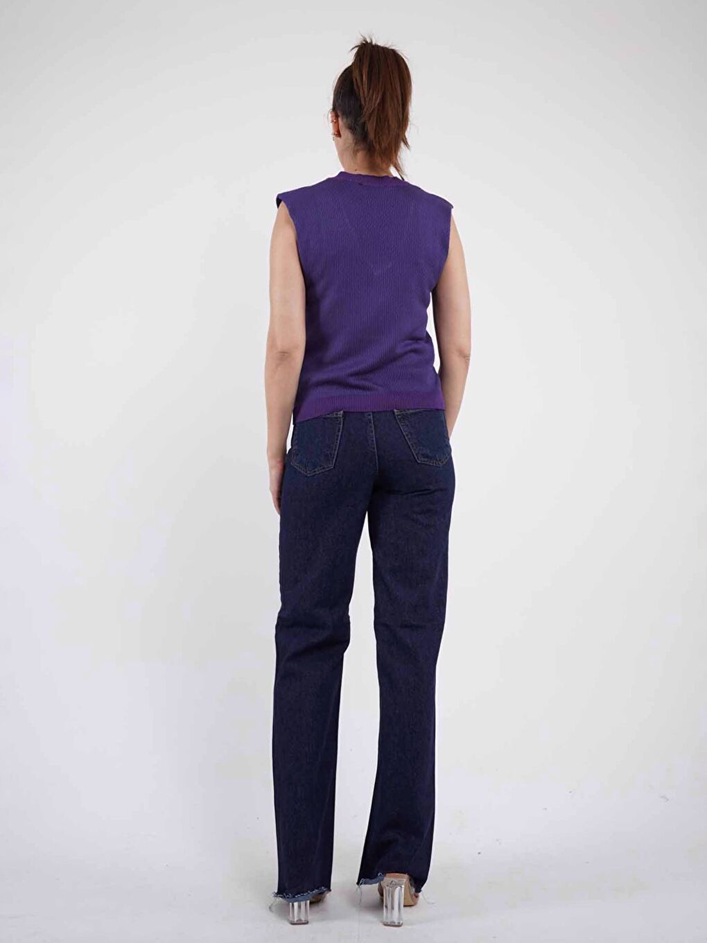 Mor Kadın V Yaka Düz Triko Süveter-2