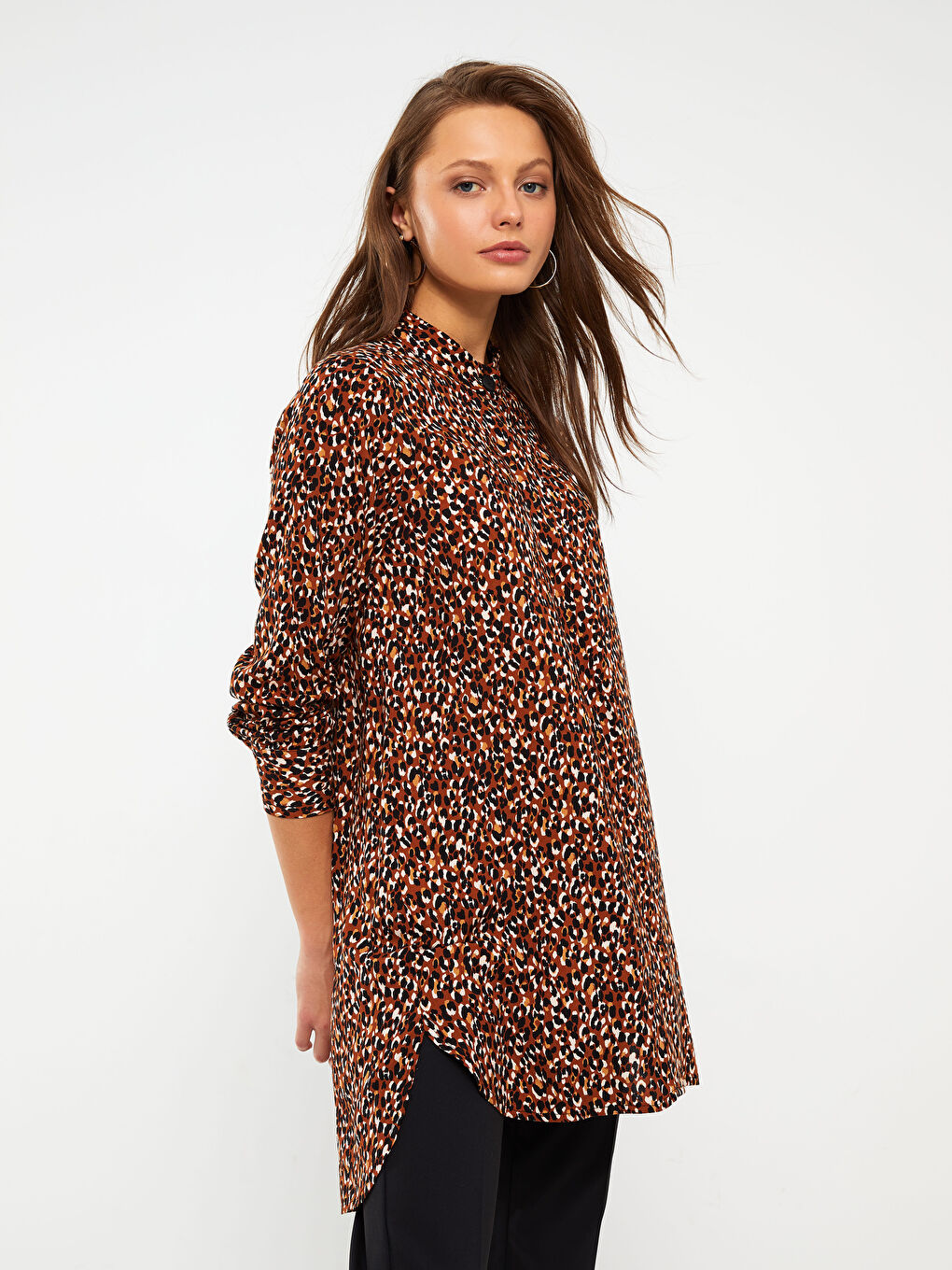 Grandad Collar Patterned Long Sleeve Women's Tunic