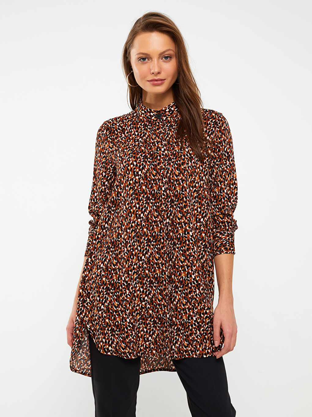 Grandad Collar Patterned Long Sleeve Women's Tunic-1