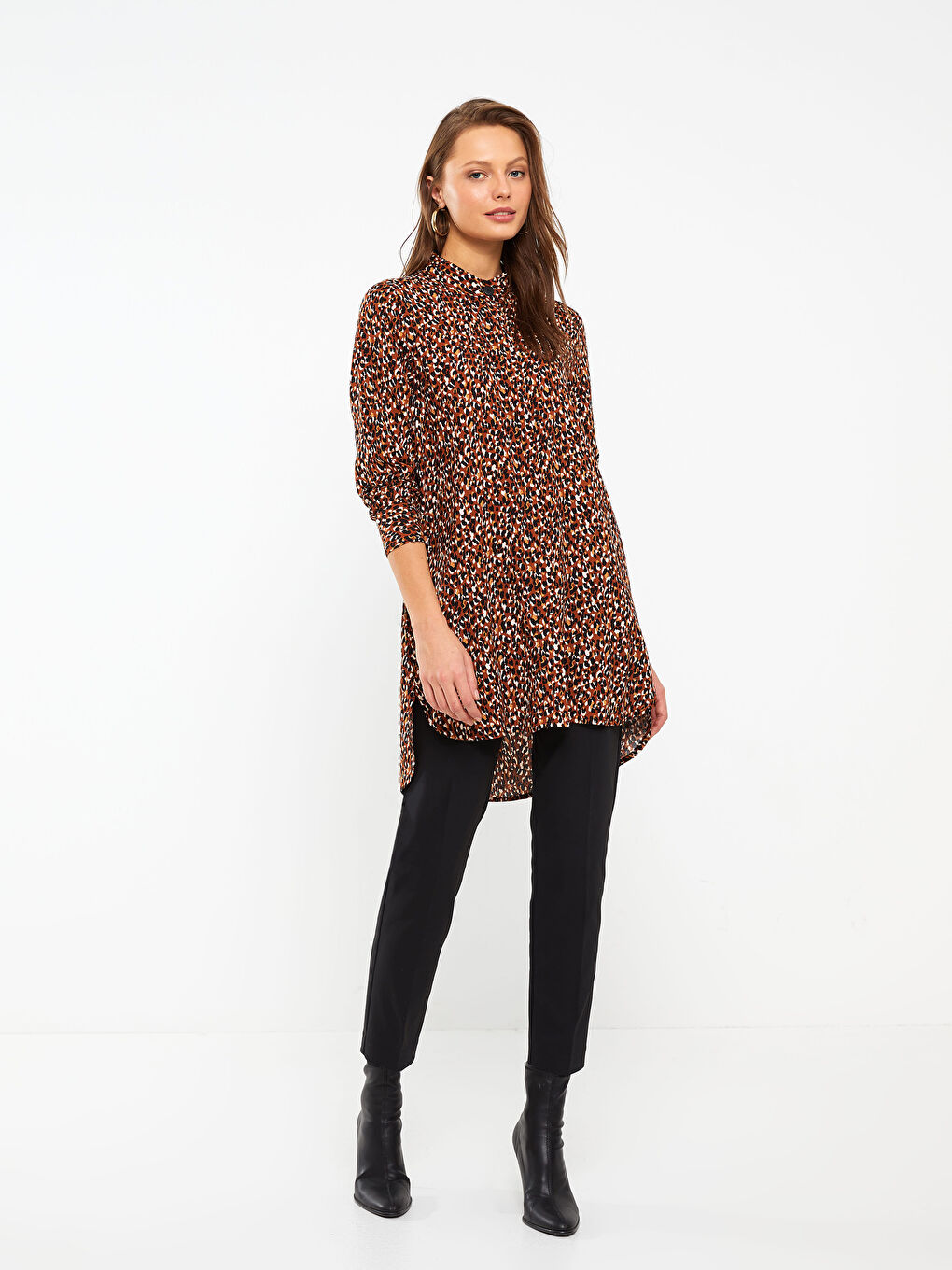 Grandad Collar Patterned Long Sleeve Women's Tunic-2
