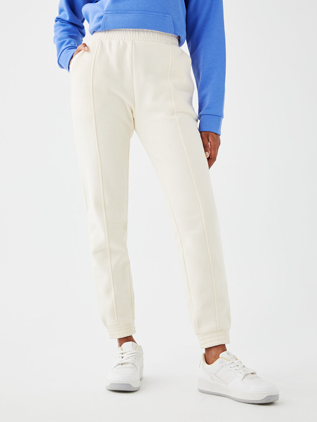 Ekru Kadın Beli Lastikli Düz Jogger Eşofman Altı-6