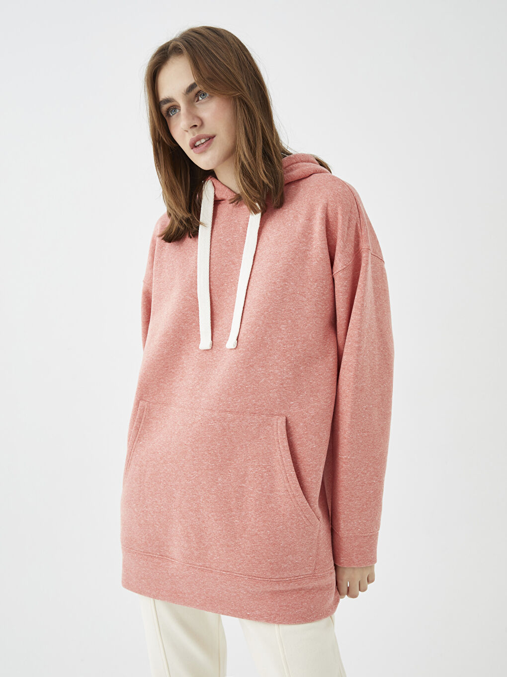 Turuncu Kapüşonlu Düz Uzun Kollu Oversize Kadın Sweatshirt