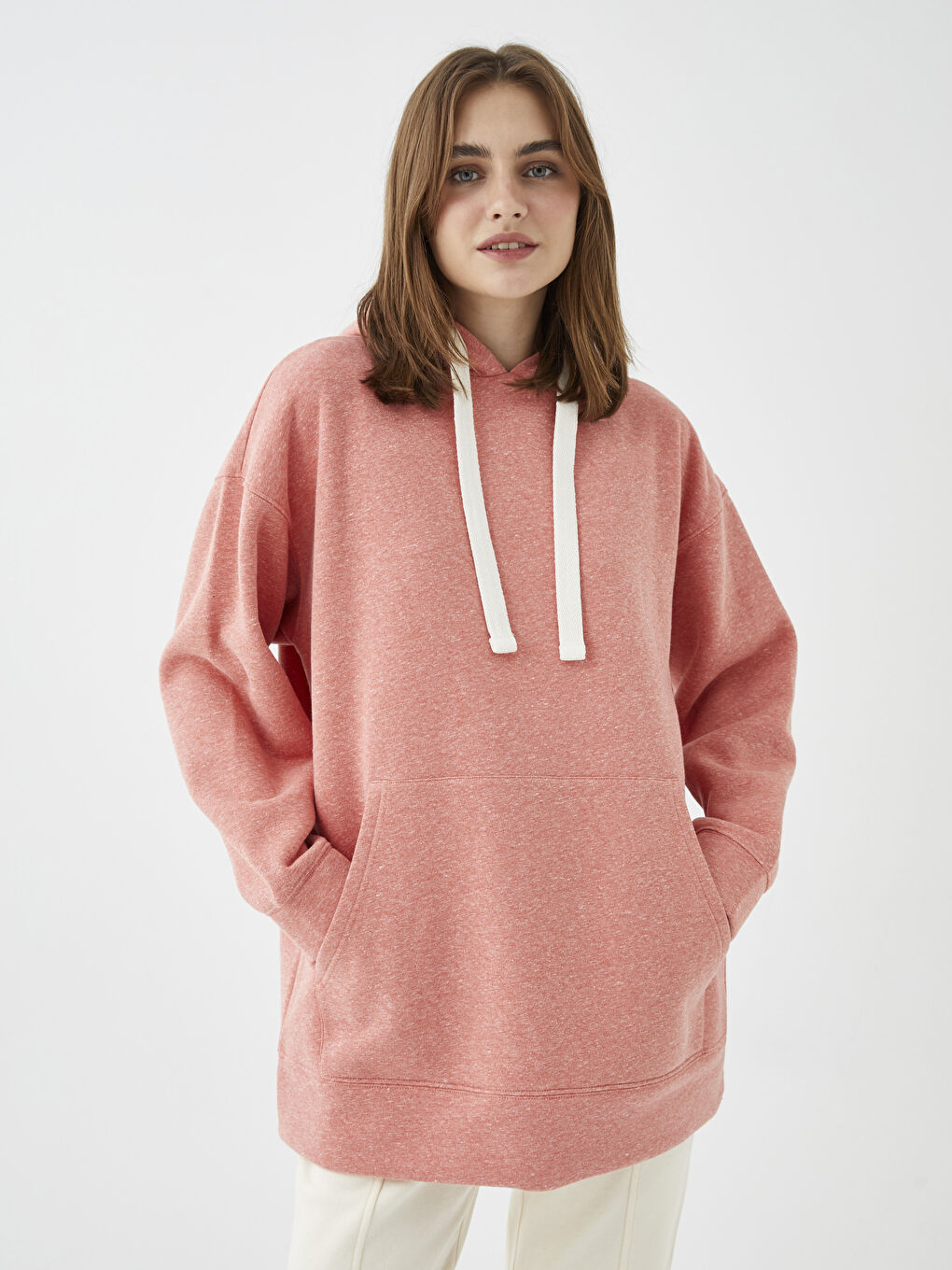 Turuncu Kapüşonlu Düz Uzun Kollu Oversize Kadın Sweatshirt-1