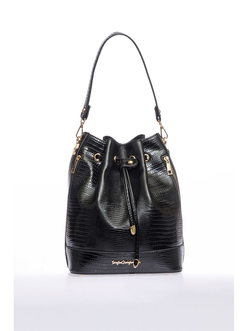 Siyah Deri Görünümlü Kroko Desenli Kadın Büzgülü Çanta