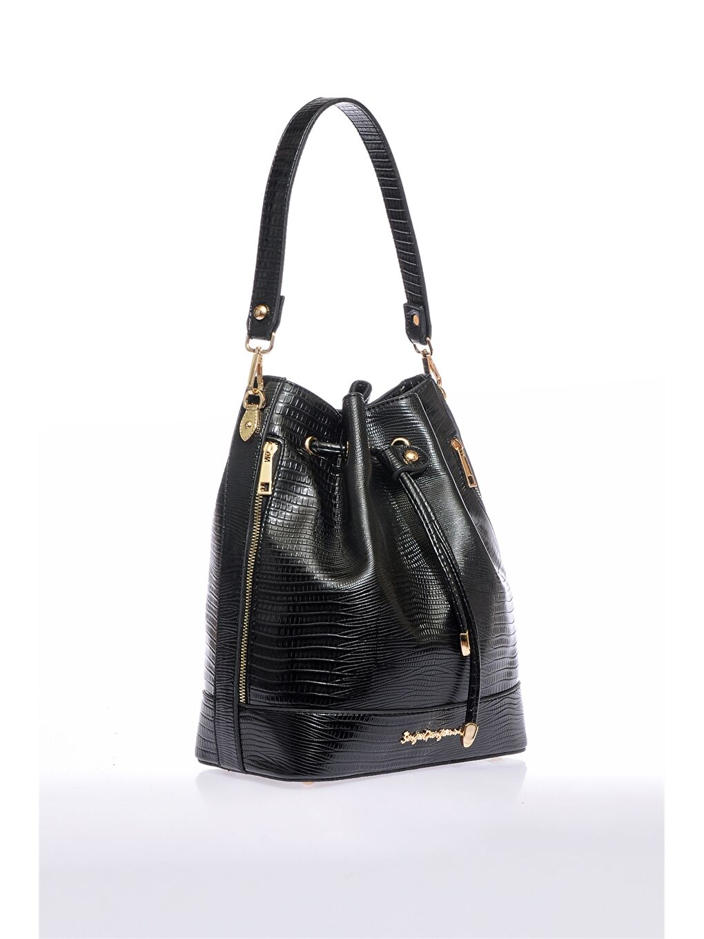 Siyah Deri Görünümlü Kroko Desenli Kadın Büzgülü Çanta-1