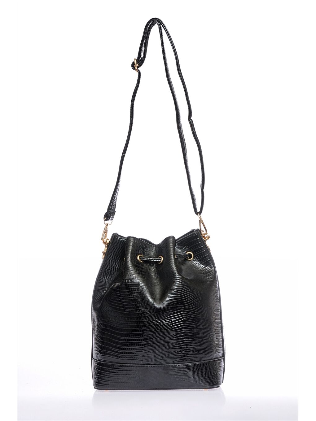 Siyah Deri Görünümlü Kroko Desenli Kadın Büzgülü Çanta-2