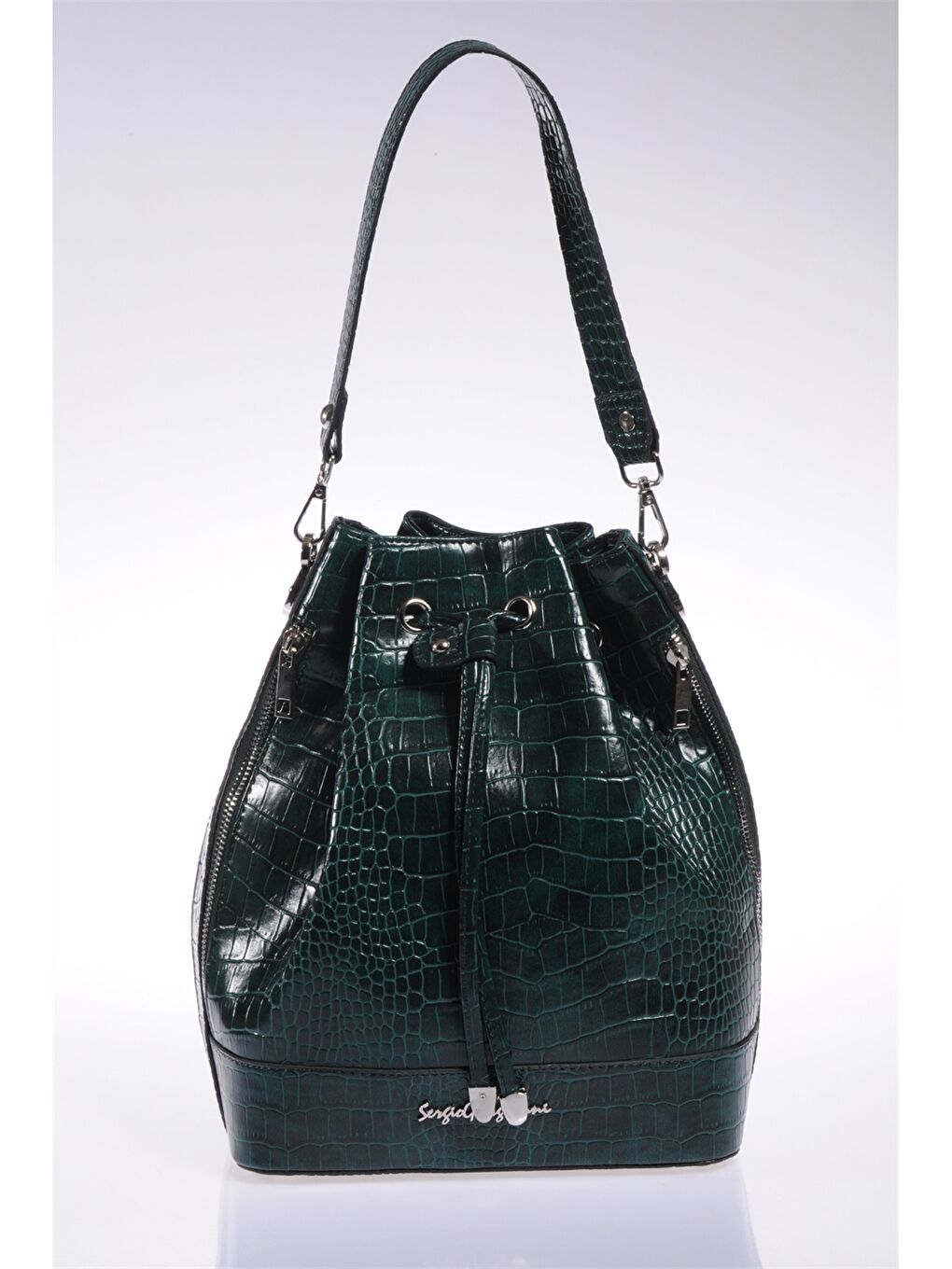 Yeşil Deri Görünümlü Kroko Desenli Kadın Büzgülü Çanta