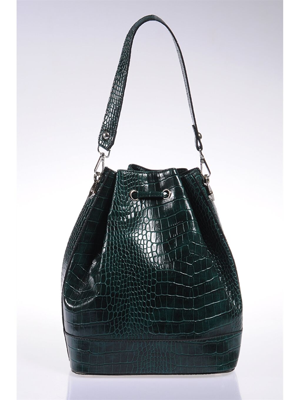 Yeşil Deri Görünümlü Kroko Desenli Kadın Büzgülü Çanta-1