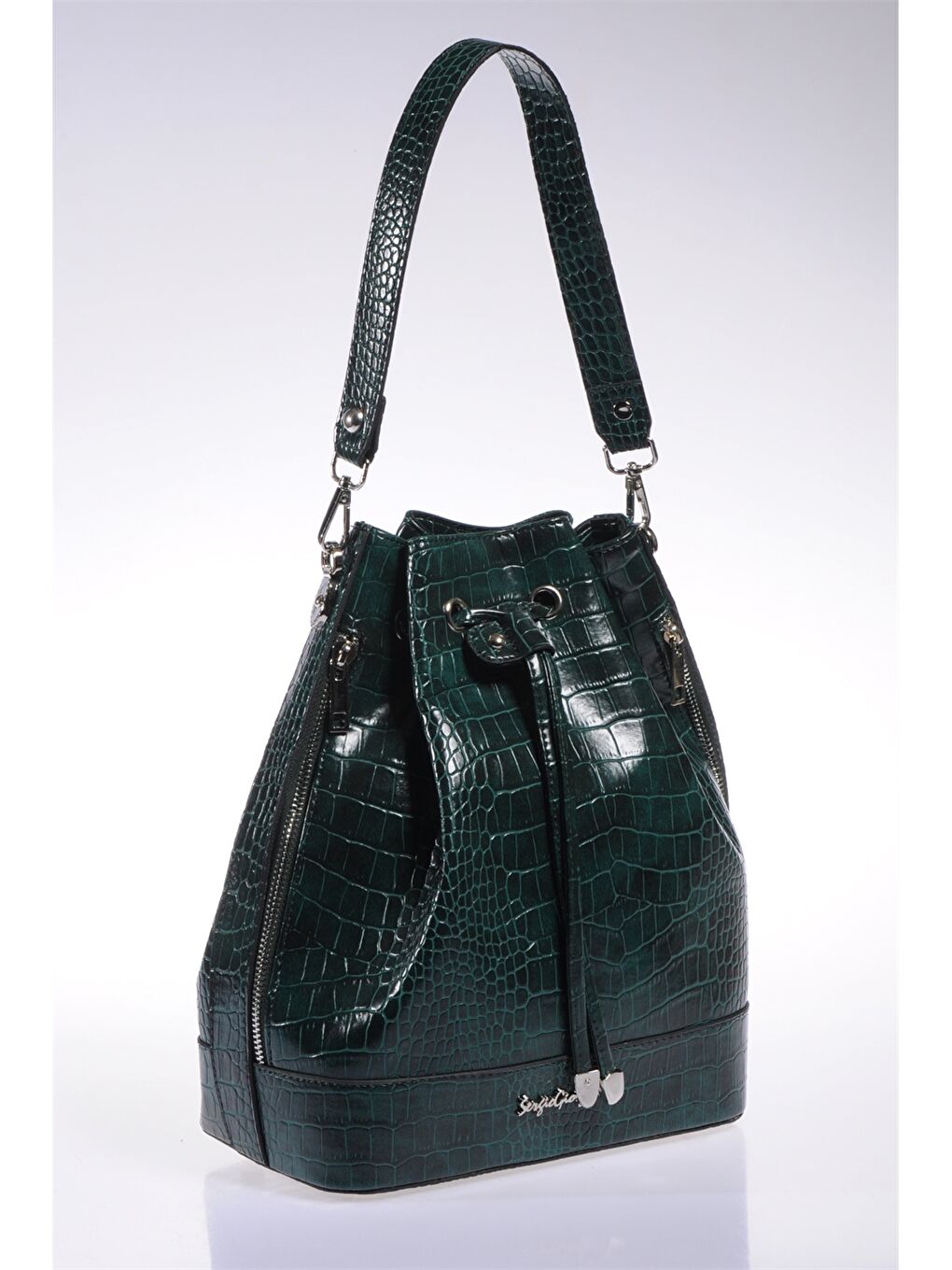 Yeşil Deri Görünümlü Kroko Desenli Kadın Büzgülü Çanta-2
